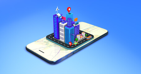Smart City Rising On Smart Phone. Futuristic Life With Artificial Intelligence. Technology Related 3D Illustration Render.