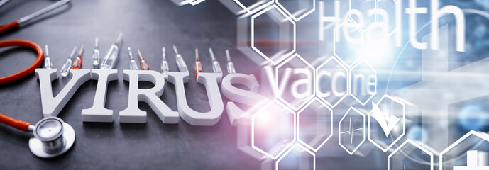 Double exposure. Medical background. Coronavirus wooden letters. Background of the deadliest pandemic virus in the world. Vaccine for the virus.