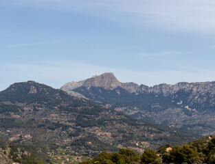 Mallorca Panoramic view with lush spring vegetation and mountain scenery with puig major