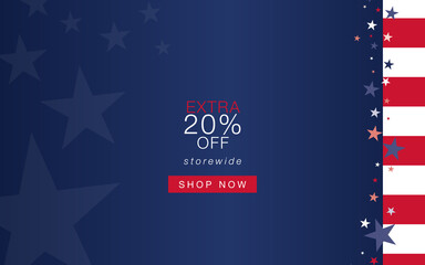 Web site main page background with stars, stripes and Extra 20 percents off announcement. Suitable for the July 4th or any other American patriotic holiday online shop decoration.