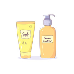 Sunscreen and milk isolated on white background. Sunblock for sun protection. Cosmetics for summer vacations. Vector illustration in cartoon style