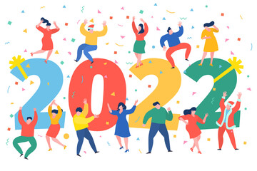 Business people, man and woman building a numbers 2022, in flat modern style. preparing to meet the new year .