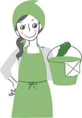 掃除道具を持つ女性。（バケツと雑巾）