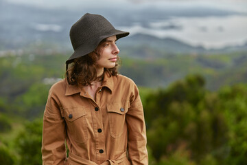 Beautiful young female caucasian tourist in equatorial africa jungles