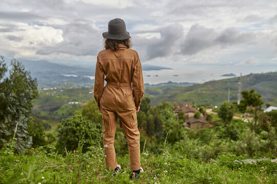 Beautiful young female caucasian tourist in equatorial africa jungles
