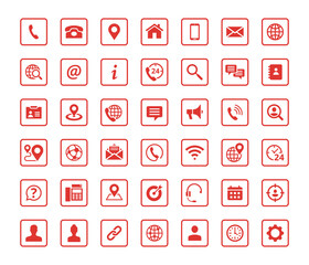 Set of 42 solid contact icons in square shape. Red vector symbols.