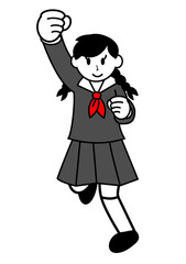 ガッツポーズの女子学生、全身