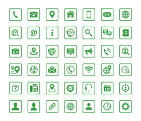 Set of 42 solid contact icons in square shape. Green vector symbols.