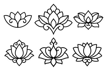 Set of decorative lotus flower symbols. Elements of patterns for laser and plotter cutting, embossing, engraving, printing on clothing. Ornaments for henna drawings in the oriental style.
