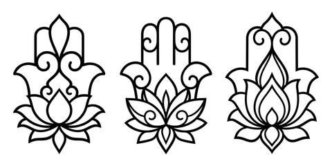 Set of decorative hamsa symbols with lotus flower. Elements of patterns for laser and plotter cutting, embossing, engraving, printing on clothing. Ornaments for henna drawings in the oriental style.