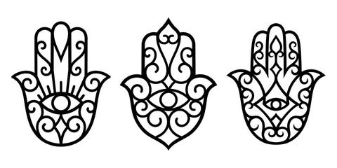 Set of decorative hamsa symbols with eye. Elements of patterns for laser and plotter cutting, embossing, engraving, printing on clothing. Ornaments for henna drawings in the oriental style. - obrazy, fototapety, plakaty