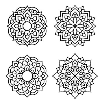 Set of decorative mandala symbols. Elements of patterns for laser and plotter cutting, embossing, engraving, printing on clothing. Ornaments for henna drawings in the oriental style.