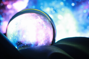 Astrological background. Crystal ball with predictions. Horoscope of the stars. Fortune telling and...