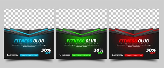 Gym, fitness, and workout social media post template design. Modern banner design with blue, green, and red color. Usable for social media, flyer, banner, and website.