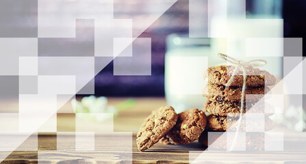 Abstract background. Collage graphic. Christmas gingerbread cookie and a glass of milk.