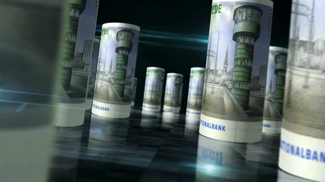 Danish krona rolls loop 3d animation. Money on the table. Camera between DKK rolled banknotes. Seamless and loopable abstract concept of economy, finance, business, recession and debt.