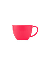 Pink plastic toy cup isolated on white background.