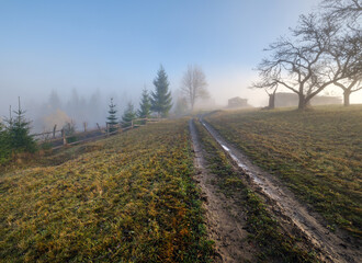 Foggy autumn mountain sunrise scene. Peaceful picturesque traveling, seasonal, nature and countryside beauty concept scene.