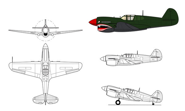P-40 Warhawk / Kittyhawk WWII fighter aircraft. Vector illustration in black and white line drawing. Color side profile.