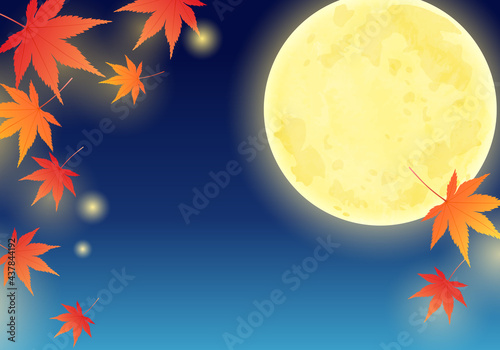 秋の満月と紅葉の和風で美しいベクターイラストフレーム 背景 お月見 Background Wall Mural Backgrou Honyojima