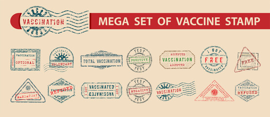 Obraz premium Set of vintage ink stamps for documents, post, passport, international parcels who have been sanitized and other needs. Various shaped vaccination stamps with positive and negative results