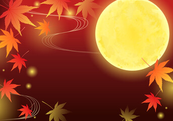 秋の満月と紅葉の和風で美しいベクターイラストフレーム(背景、お月見)
