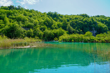 Landscape of Plitvice Lake National Park, view of its crystal water 