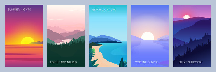 Fototapeta na wymiar Collection of mountain, river and ocean beach landscapes for banner, web site, social media. Editable vector illustration with summer night and morning beautiful scenery