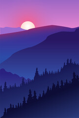 Mountain forest landscape. Sunset summer camping vector illustration. 