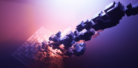 Abstract cubes flow in neon light background.