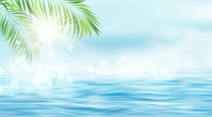 Fototapeta na wymiar Summer seascape. The rays of the sun and the leaves of the palm tree on the background of the seascape. Sun rays blurred bokeh effect. Vector illustration