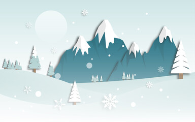 Fototapeta premium Winter scenery landscape with snowy mountains, pines trees and hills in paper cut craft style design, vector illustration 