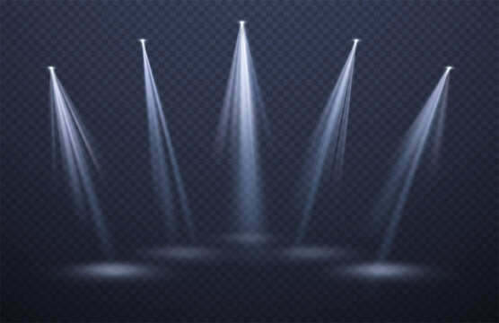Spotlights light beams isolated on black background. Festive background for night show, party, presentation. Vector illustration