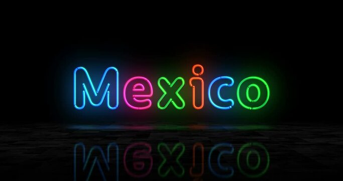 Mexico neon glowing symbol. Light color bulbs with city club sign. Abstract concept 3d animation.