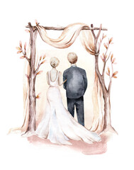Watercolor couple bride and groom in boho ceremony style wedding. arch with tree branches. marriage illustration. Love wedding invitation. save the date. - obrazy, fototapety, plakaty