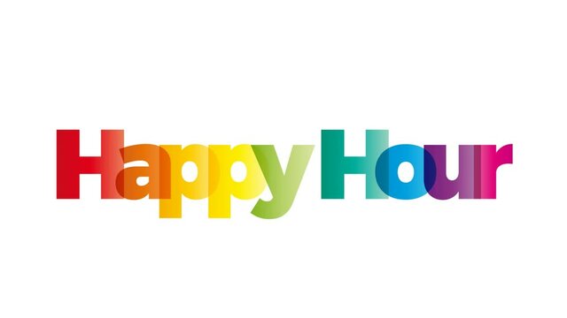 The word Happy hour. Animated banner with the text colored rainbow.