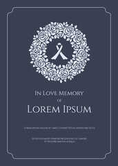 Obraz premium Funeral card banner - white ribbon sign in circle white rose wreath and text on dark blue background vector design
