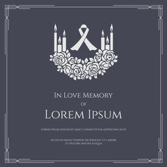 Funeral card banner - white ribbon sign and candle light on bouquet of white rose and text vector design