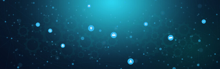 Vector illustration of connecting people and business communication concept. Linking lines and Mechanism of gear teeth and gear wheelsSocial networks