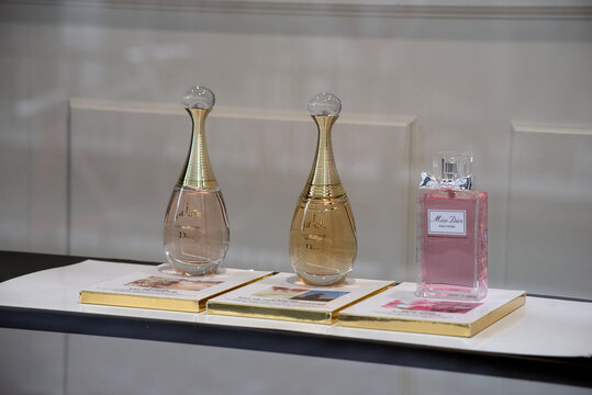 Strasbourg - France - 5 June 2021 - Closeup of luxury bottles of french perfume by Dior in a perfumery store