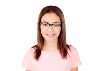 Portrait of funny smiling little girl child wearing glasses