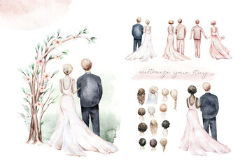 Watercolor couple bride and groom in boho ceremony style wedding. arch with tree branches. marriage illustration. Love wedding invitation. save the date.