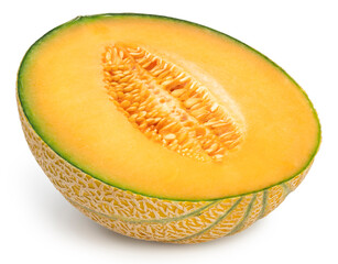 Yellow melon or cantaloupe melon with seeds isolated on white background, US Muskmelon on white background With clipping path.