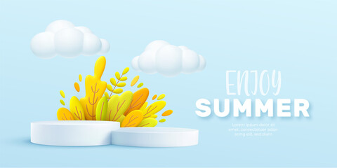 Enjoy Summer 3d realistic background with clouds, grass, leaves and product podium on a pink background. Vector illustration