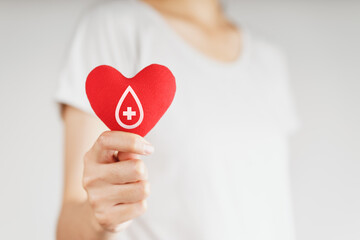 Woman hands holding red heart with blood donor sign. healthcare, medicine and blood donation...