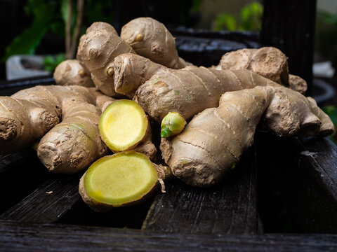 ginger on wooden tray. Asian popular cooking ingredients, dry hot healthy cook herbs. view form above and copy space background.