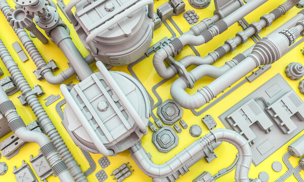 yellow and gray background with pipes and electrical parts