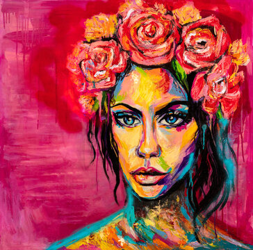 Beautiful creative painting work, woman face on the background.