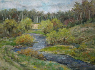 Quick river in may, spring in Russia, oil painting