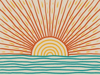 Mid century modern art with sun and sea. Abstract landscape with sunrise or sunset. Hand drawn illustration in Procreate. © YuliiaHoncharuk